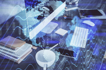 Multi exposure of forex graph and work space with computer. Concept of international online trading.