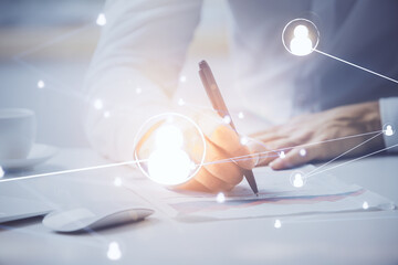 Man's hands working with notes background. Social networking concept.