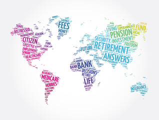 Plakat Retirement word cloud in shape of world map, concept background