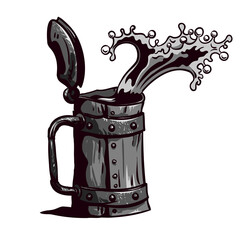 Grayscale drawing of an old beer mug with a lid. Beer splash from a mug - 376210342
