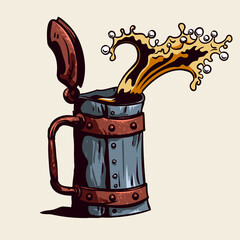 Drawing of an old beer mug with a lid. Beer splash from a mug - 376210363