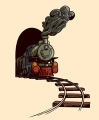 The old steam locomotive leaves the tunnel. - 376210371