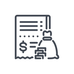 Invoice with Money bag and Coins line icon. Savings vector outline sign.