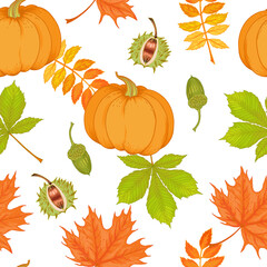 Vector watercolor seamless pattern of various autumn leaves and pumpkin. Beautiful bouquet of yellow and red leaves, branches.