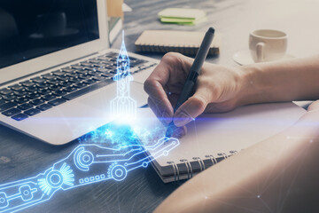 Obraz premium Start up creative drawing over close up hands on background. Concept of brainstorming. Multi exposure