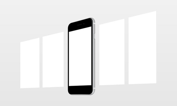 Smartphone with blank screen and blank wireframing web pages. Mockup for responsive web-design or showing screenshots. Vector illustration