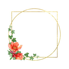 Pomegranate flower golden frame watercolor illustration. Hand drawn fresh beautiful blossoms and ivy leaves elegant golden frame. Exotic floral arrangement isolated on white background.