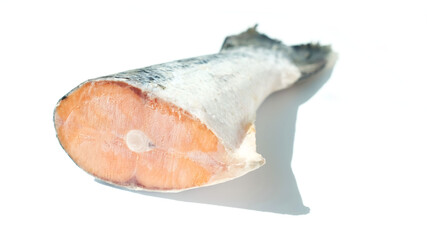 frozen raw fishtail of atlantic salmon isolated on white background. The concept of healthy eating. Healthy fast food