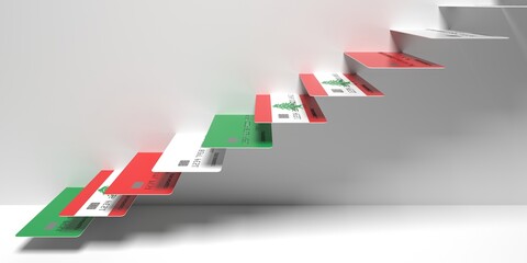 Flag of Lebanon on credit cards as stairs of a staircase. Consumer loans related 3D rendering