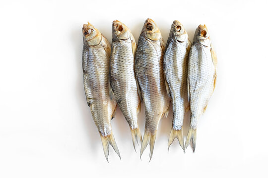 isolated close up top view dried salted caspian roach fish on a white background