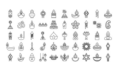 bundle of fifty diwali set line style icons