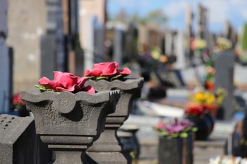 cimetière, tombeaux, croix, christ, ornement, fleurs, tristesse