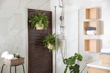 Bathroom interior with shower stall and houseplants. Idea for design - obrazy, fototapety, plakaty