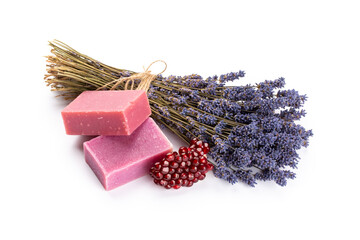 lavender spa products with pomegranate, lavender flowers on a isolated background.