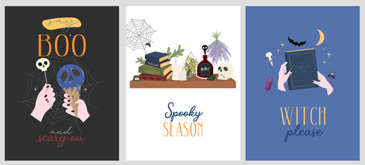 Set of Happy Halloween greeting card or poster with mystical elements. Editable vector illustration.