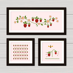 Set of 3 Prints. Home decor. Strawberry and bee wall art. Digital Printable Poster.