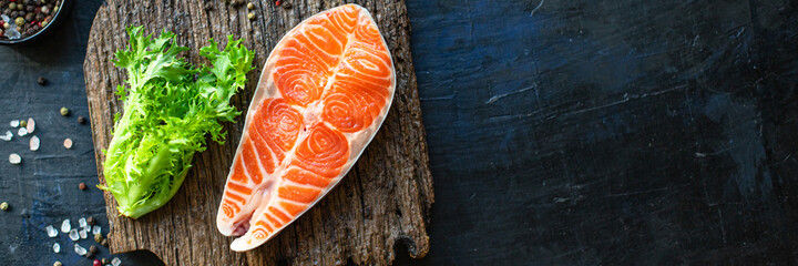salmon raw red fish steak fillet seafood serving size copy space for text diet pescetarian