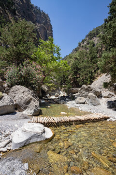 Trekking in Samaria Gorge on the island of Crete, Greece.