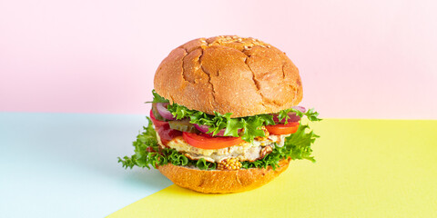 burger meat pork, beef or chicken grilled cutlet sandwich vegetables serving size organic ething top view copy space for text