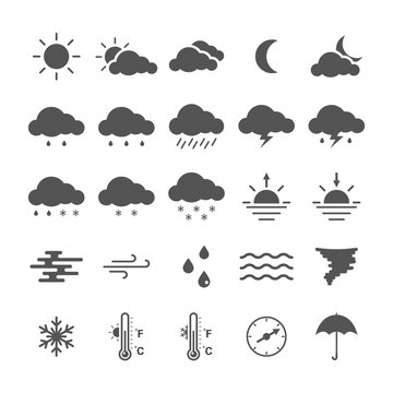 Set of linear weather icons isolated on white background.