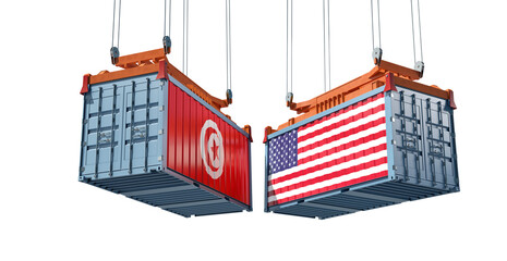 Freight containers with Tunisia and USA flag. 3D Rendering 