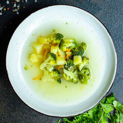 soup broccoli vegetables first course broth serving size natural product vegetarian no meat top view place for text copy space keto or paleo diet