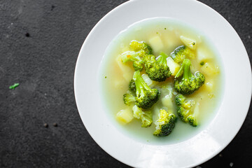 soup broccoli vegetables first course broth serving size natural product vegetarian no meat top view place for text copy space keto or paleo diet