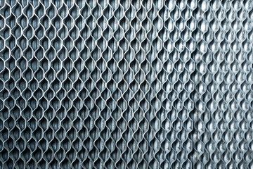 Metallic background. Fine mesh texture. The background contains elements made of stainless steel. Fine metal mesh in an industrial facility. Industrial background. Gray metal texture.