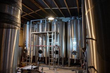 Steel wine casks on wine domain in Cotes de Provence near Collobrieres , region Provence, south of France