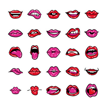 bundle of twenty five mouths pop art line and fill style icons