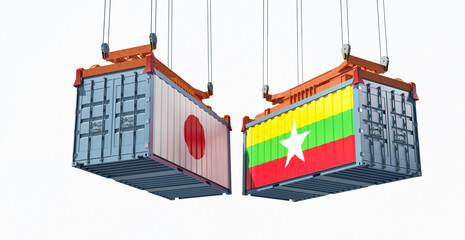 Freight containers with Myanmar and Japan flag. 3D Rendering 