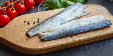 herring fish raw seafood serving size natural product top view place for text copy space keto or paleo diet pescetarian 