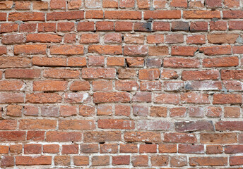 Old brick wall. Brickwork from an old brick in a rustic style. The structure and pattern of the destroyed stone wall. Copy space..