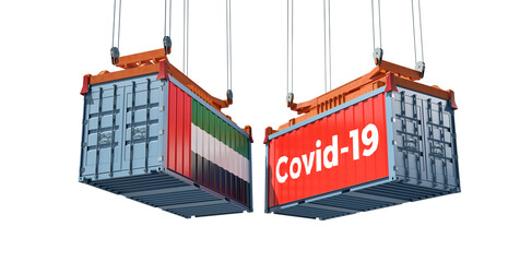 Container with Coronavirus Covid-19 text on the side and container with United Arab Emirates Flag. 3D Rendering 
