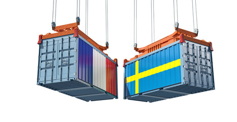 Freight containers with Sweden and France flag. 3D Rendering 