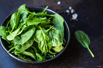 spinach green juicy leaves organic salad serving size natural top view copy space  for text diet raw