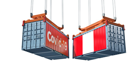 Container with Coronavirus Covid-19 text on the side and container with Peru Flag. 3D Rendering 