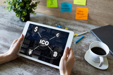 ICO - Initial coin offering. Blockchain and financial technology concept.