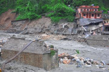 Cloudburst in India. River flowing above red alert.