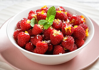 Stuffed raspberries of coconut, honey, and orange
