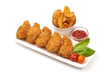 Fried chicken strips in breadcrumbs, isolated on white background