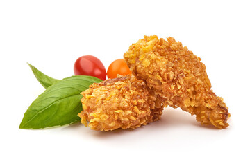 Fried chicken strips in breadcrumbs, isolated on white background