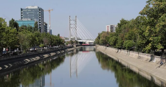 Bucharest, Romania - September 6, 2020: Dambovita river seen from the Regie area in Bucharest.