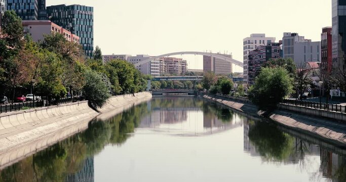 Bucharest, Romania - September 6, 2020: Dambovita river seen from the Regie area in Bucharest.