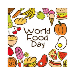 world food day celebration lettering with food pattern flat style
