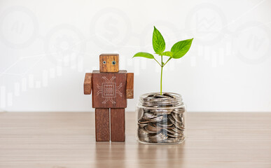 Saving and Investment concept by using Artificial intelligence procession. A green plant growing on  a jar of coins with the wooden robot and business graphs background.