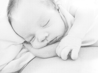 Malarstwo. Ręcznie wykonany rysunek ołówkiem - portret profilowy. Śpiący noworodek. 