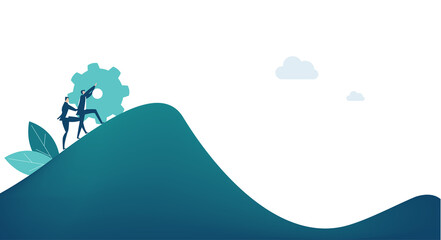 Businessman rolling up the hill gear as symbol of finding solution, solving the problem, achievement, success in business. Business concept illustration