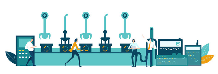Factory with business people and workers and conveyor belt line with robots hands manufacturing products. Factory automation production, manufacturing concept