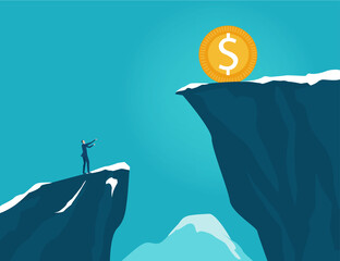 Businessman stands on top of mountain and looking for new target, achievements. 